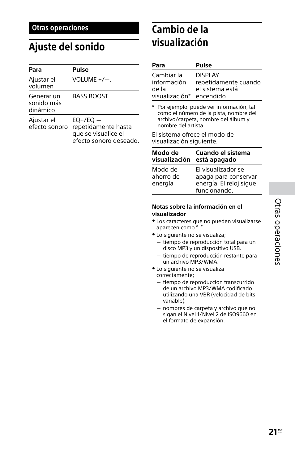 Otras operaciones, Ajuste del sonido, Cambio de la visualización | Ajuste del sonido cambio de la visualización, Otr as oper aciones | Sony MHC-EC619IP User Manual | Page 51 / 64