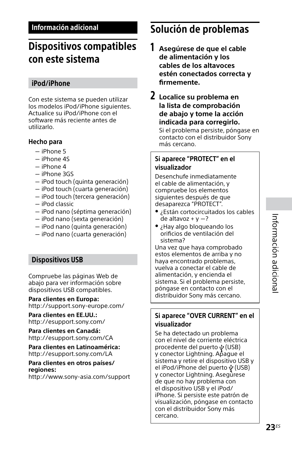 Información adicional, Dispositivos compatibles con este sistema, Solución de problemas | Dispositivos compatibles con, Este sistema solución de problemas, Inf ormación adicional, Ipod/iphone, Dispositivos usb | Sony MHC-EC619IP User Manual | Page 53 / 64