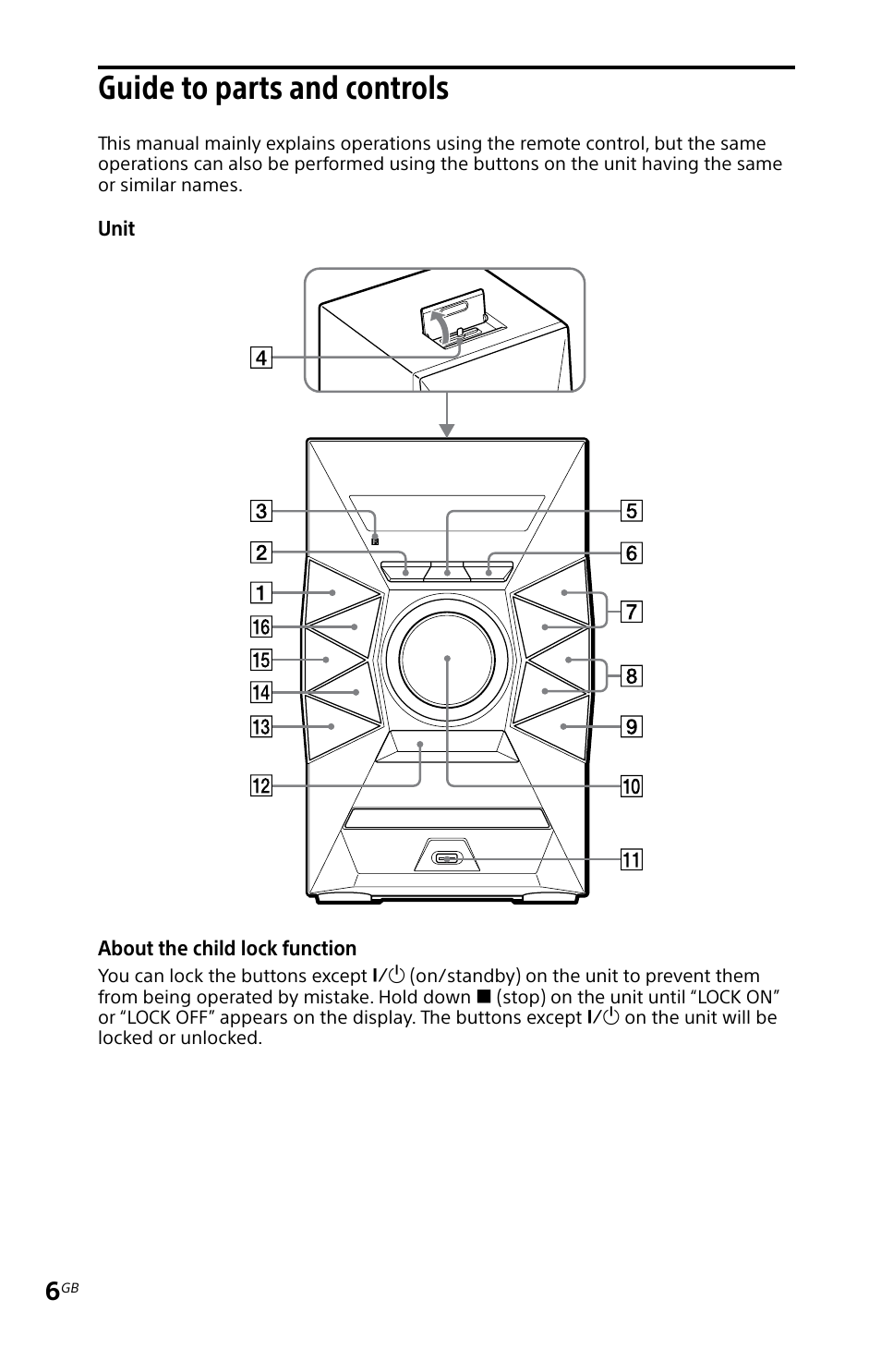 Guide to parts and controls | Sony MHC-EC619IP User Manual | Page 6 / 64