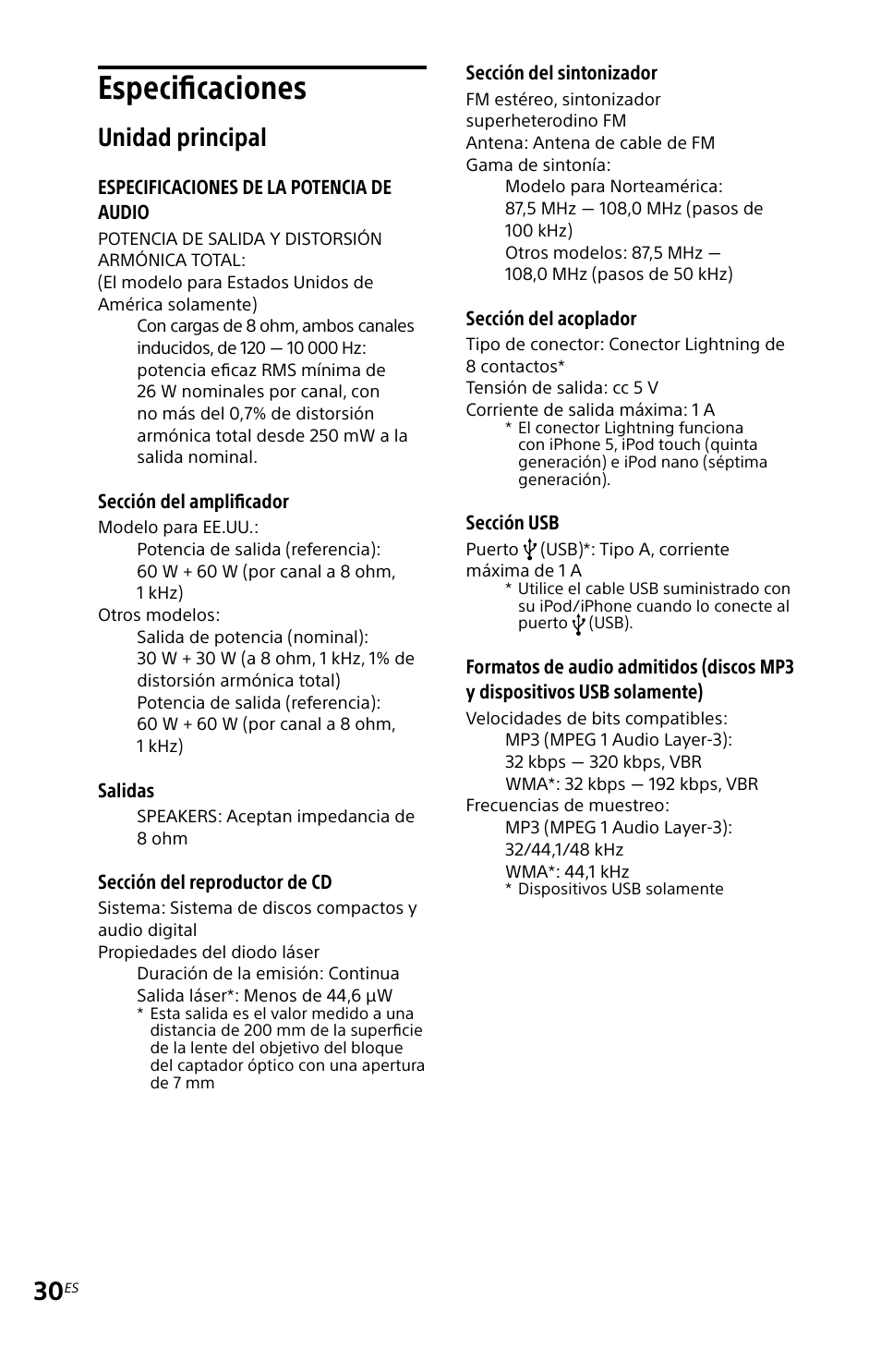 Especificaciones, Unidad principal | Sony MHC-EC619IP User Manual | Page 60 / 64
