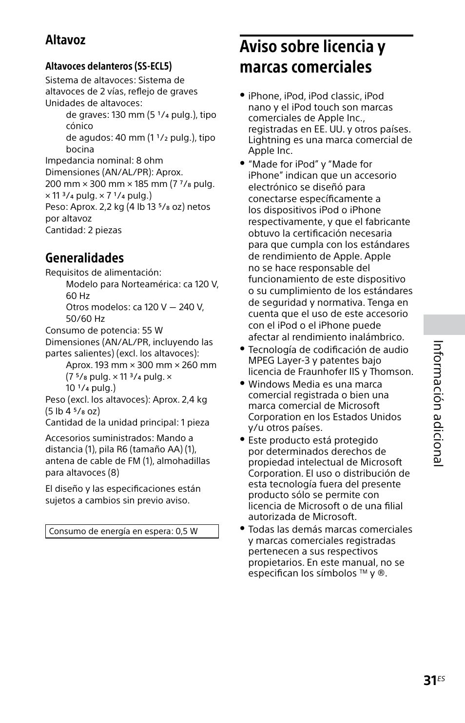 Aviso sobre licencia y marcas comerciales, Aviso sobre licencia y marcas, Comerciales | Altavoz, Generalidades, Inf ormación adicional | Sony MHC-EC619IP User Manual | Page 61 / 64