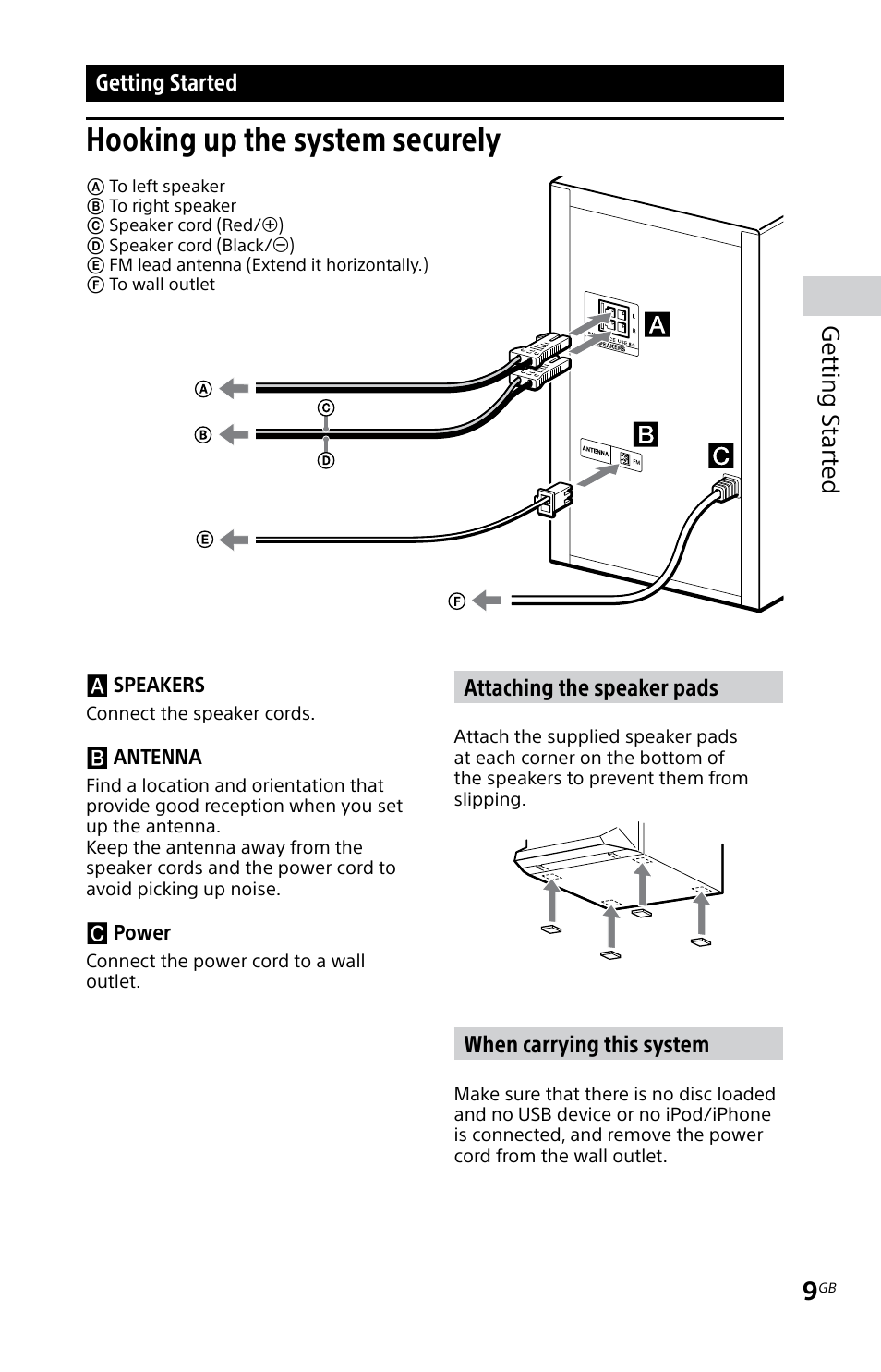 Getting started, Hooking up the system securely, Hooking up the system | Securely, Getting s tar te d | Sony MHC-EC619IP User Manual | Page 9 / 64