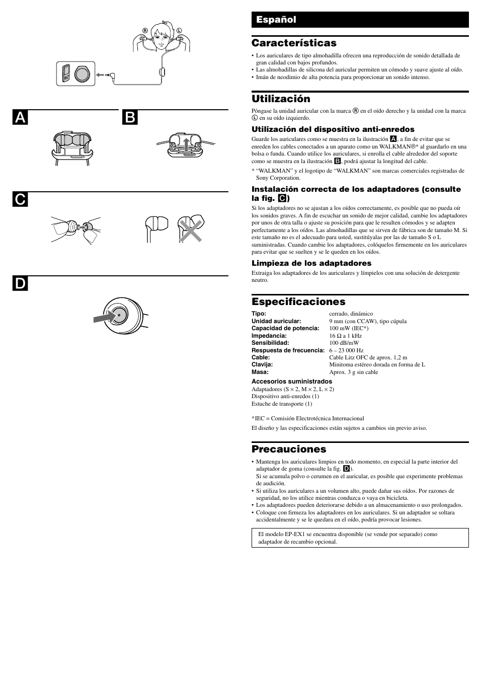 Ab c d, Características, Utilización | Especificaciones, Precauciones, Español | Sony MDR-EX55 User Manual | Page 2 / 2