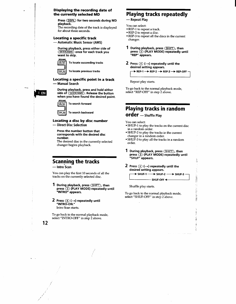 Locating a specific track, Locating a specific point in a track, Locating a disc by disc number | Scanning the tracks, Playing tracks repeatedly, Playing tracks in random | Sony XR-C500 User Manual | Page 12 / 22
