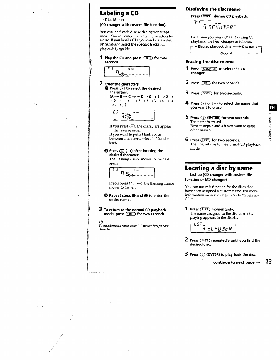 Labeling a cd, Erasing the disc memo, Locating a disc by name | Sony XR-C500 User Manual | Page 13 / 22