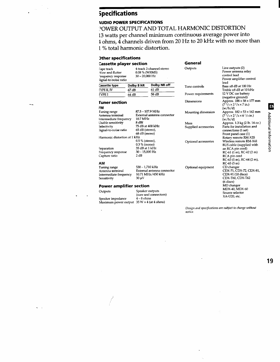 Specifications, Udio power specifications, Dther specifications cassette player section | Tuner section, General, Power amplifier section | Sony XR-C500 User Manual | Page 19 / 22