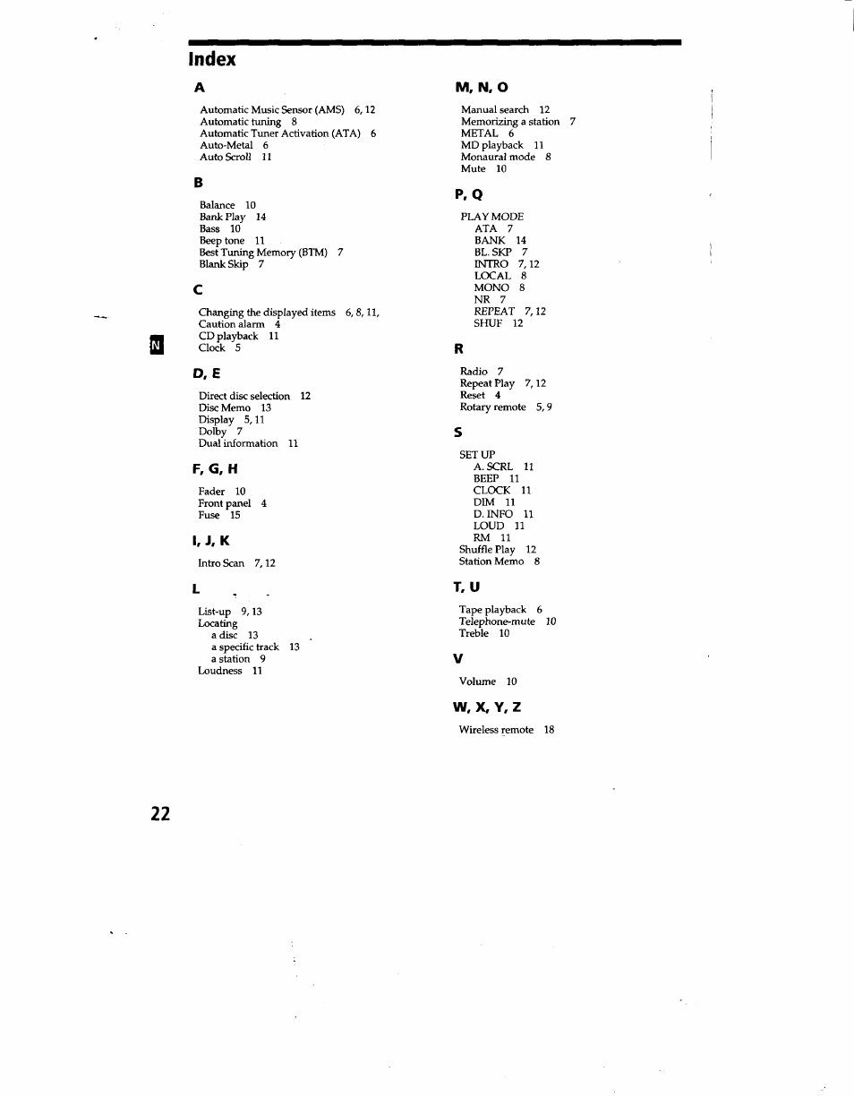 Index, D, e, F,g.h | I, j. k, M, n, o, P. q, T, u, W, x, y. z | Sony XR-C500 User Manual | Page 22 / 22