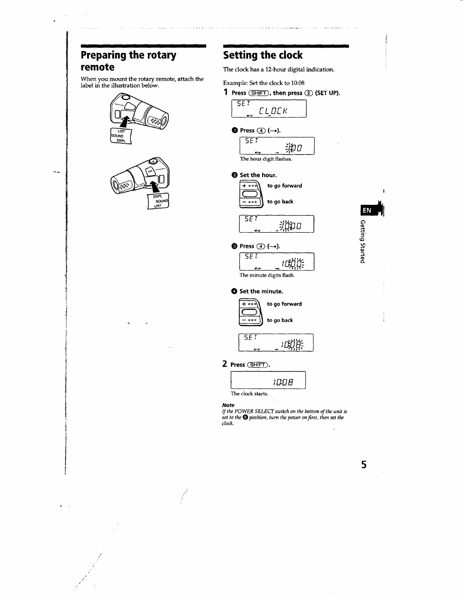 Preparing the rotary remote, Setting the clock, O press 3? (-♦) | O set the minute, Setting the dock | Sony XR-C500 User Manual | Page 5 / 22