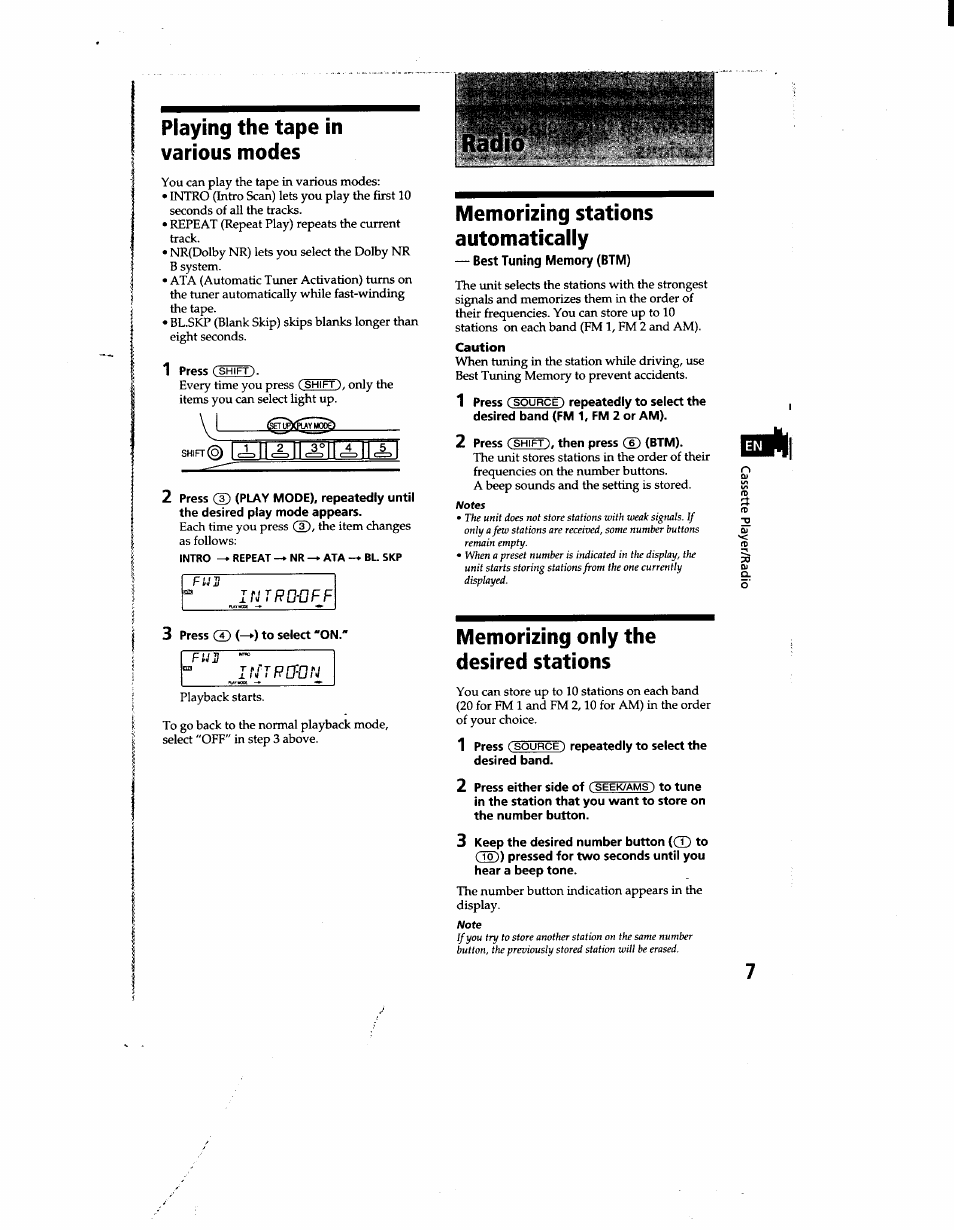 Playing the tape in various modes, Memorizing stations automatically, 2 press (shift), then press cd (btm) | 3 press (35 (—►) to select "on, Memorizing only the desired stations, Ong the tape in various modes, Bril | Sony XR-C500 User Manual | Page 7 / 22