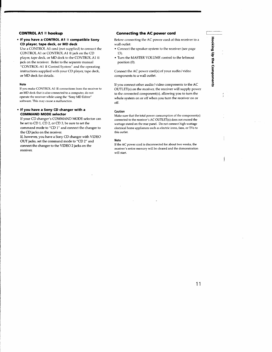 Control a1 ii hookup, Connecting the ac power cord | Sony STR-DE635 User Manual | Page 11 / 52