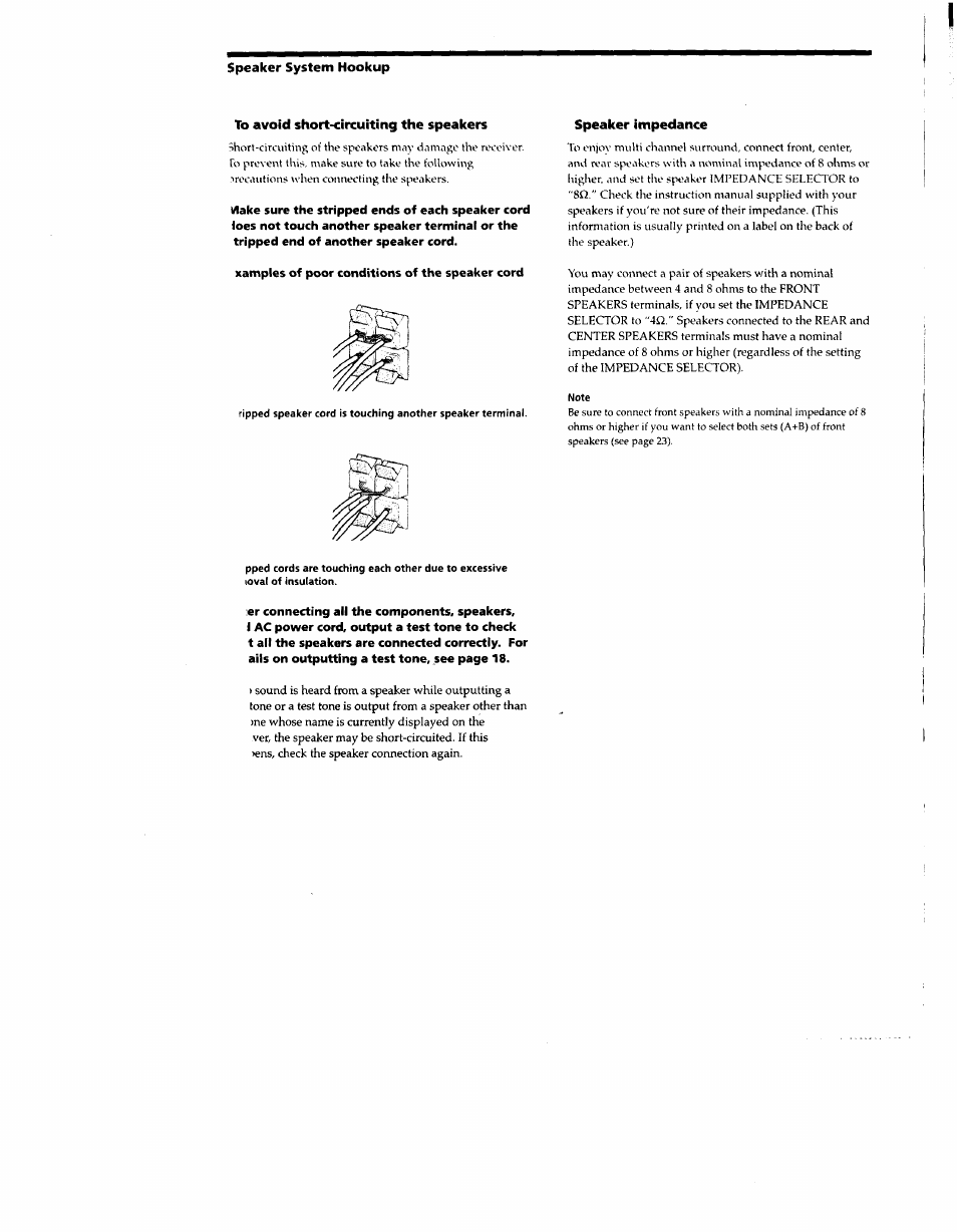 Speaker system hookup, To avoid short-circuiting the speakers, Speaker impedance | Sony STR-DE635 User Manual | Page 14 / 52