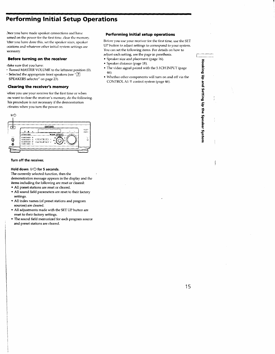 Performing initial setup operations, Before turning on the receiver, Clearing the receiver's memory | Turn off the receiver, Hold down l/d) for 5 seconds | Sony STR-DE635 User Manual | Page 15 / 52