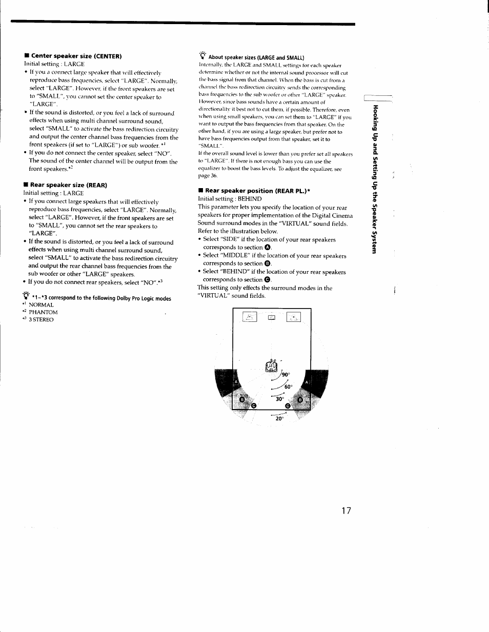 Center speaker size (center), Rear speaker size (rear), Rear speaker position (rear pl.) | Sony STR-DE635 User Manual | Page 17 / 52