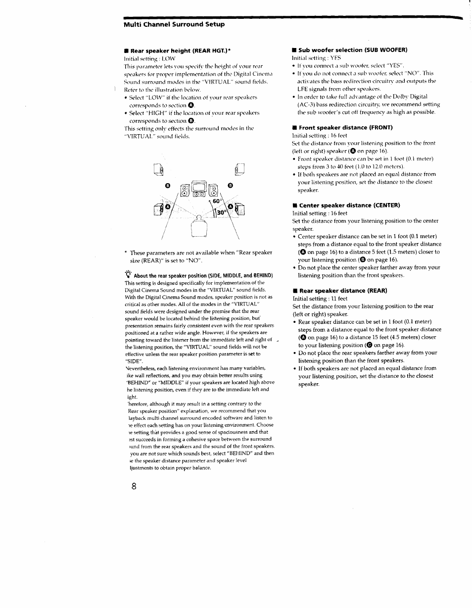 Multi channel surround setup, Rear speaker height (rear hgt.), Sub woofer selection (sub woofer) | Front speaker distance (front), Center speaker distance (center), Rear speaker distance (rear) | Sony STR-DE635 User Manual | Page 18 / 52