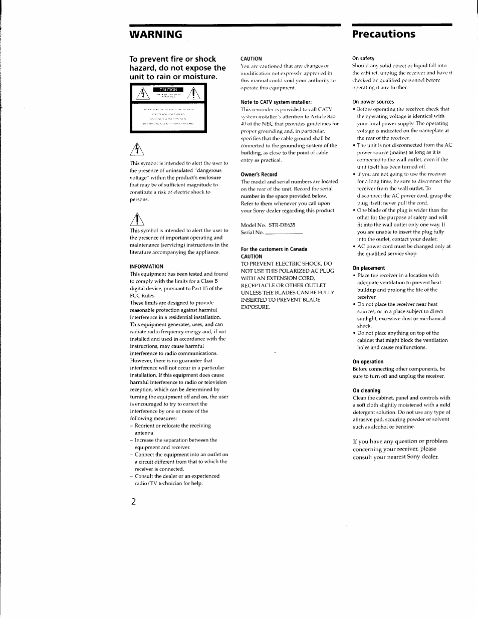 Precautions, Warning precautions | Sony STR-DE635 User Manual | Page 2 / 52