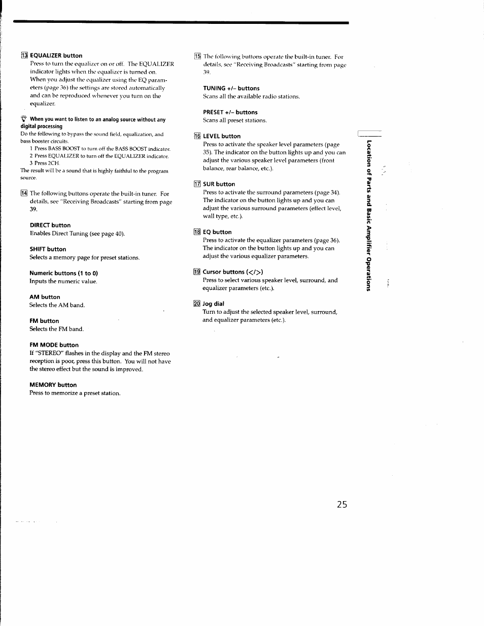 Gi equalizer button, Direct button, Shift button | Numeric buttons (1 to 0), Am button, Fm button, Fm mode button, Memory button, Tuning -b/- buttons, Preset +/- buttons | Sony STR-DE635 User Manual | Page 25 / 52