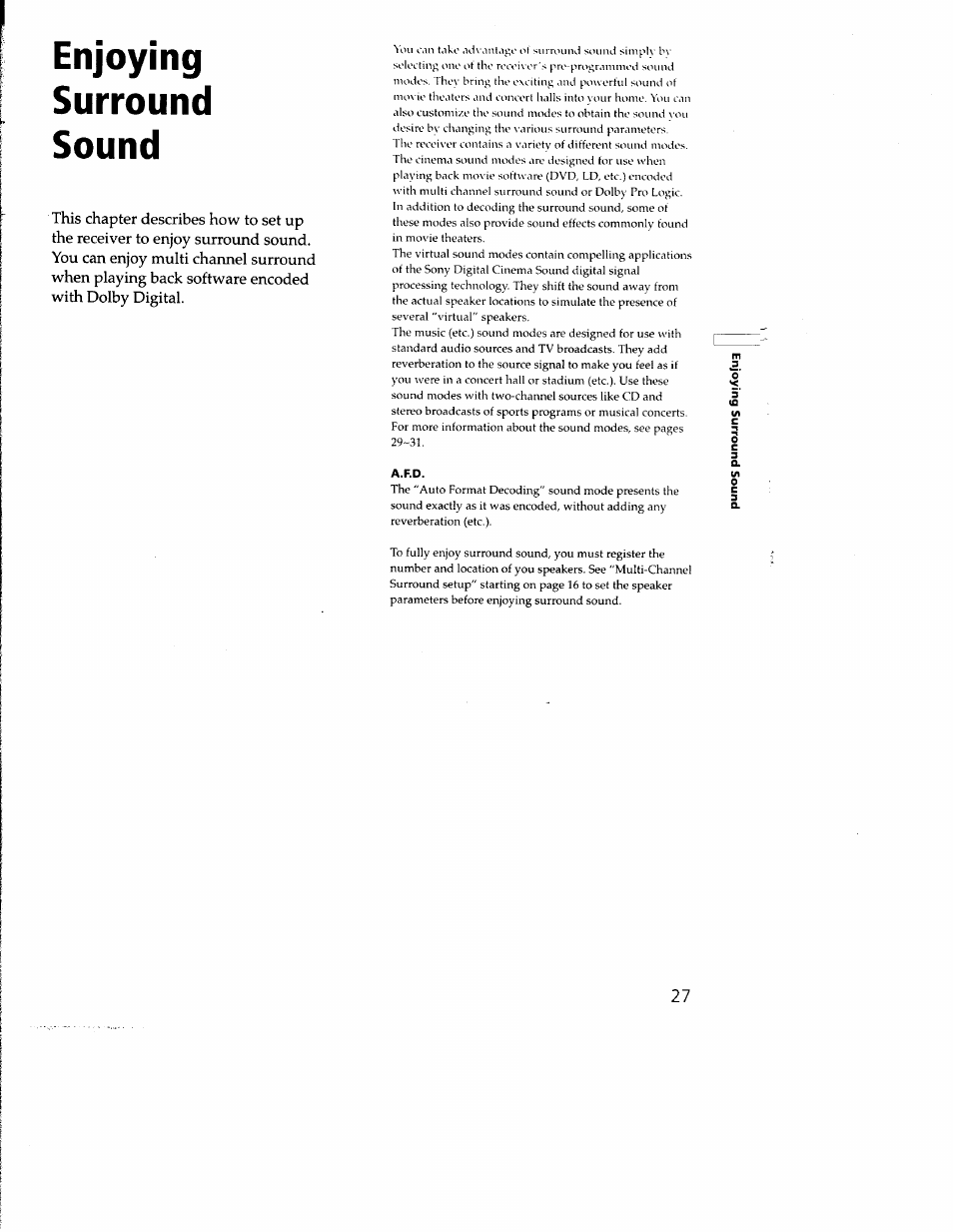 Enjoying, Surround, Sound | A.f.d, Enjoying surround sound | Sony STR-DE635 User Manual | Page 27 / 52