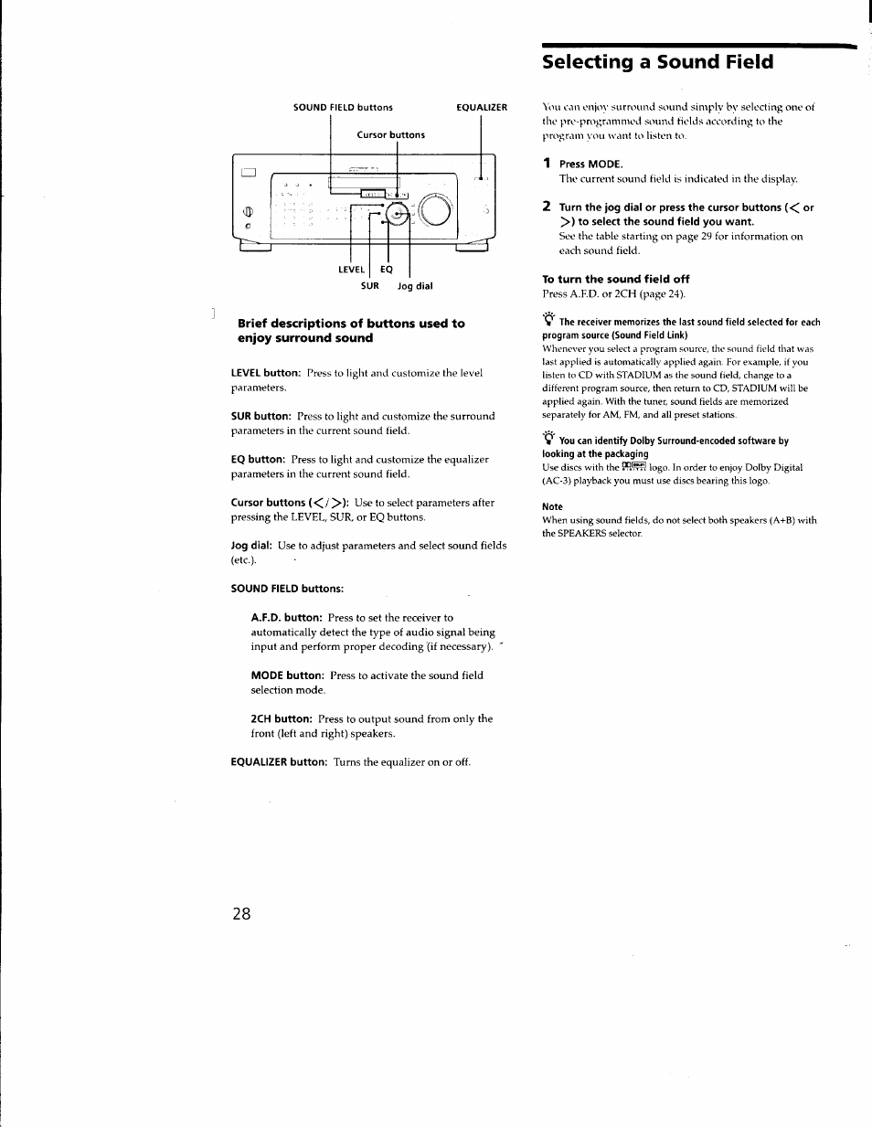 Selecting a sound field, Sound field buttons, 1 press mode | To turn the sound field off | Sony STR-DE635 User Manual | Page 28 / 52