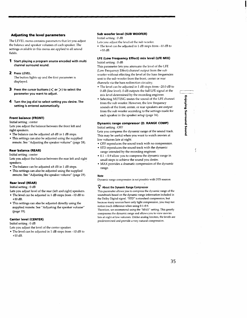 Adjusting the level parameters, Front balance (front), Rear balance (rear) | Rear level (rear), Center level (center), Sub woofer level (sub woofer), Lfe (low frequency effect) mix level (lfe mix), Dynamic range compressor (d. range comp) | Sony STR-DE635 User Manual | Page 35 / 52