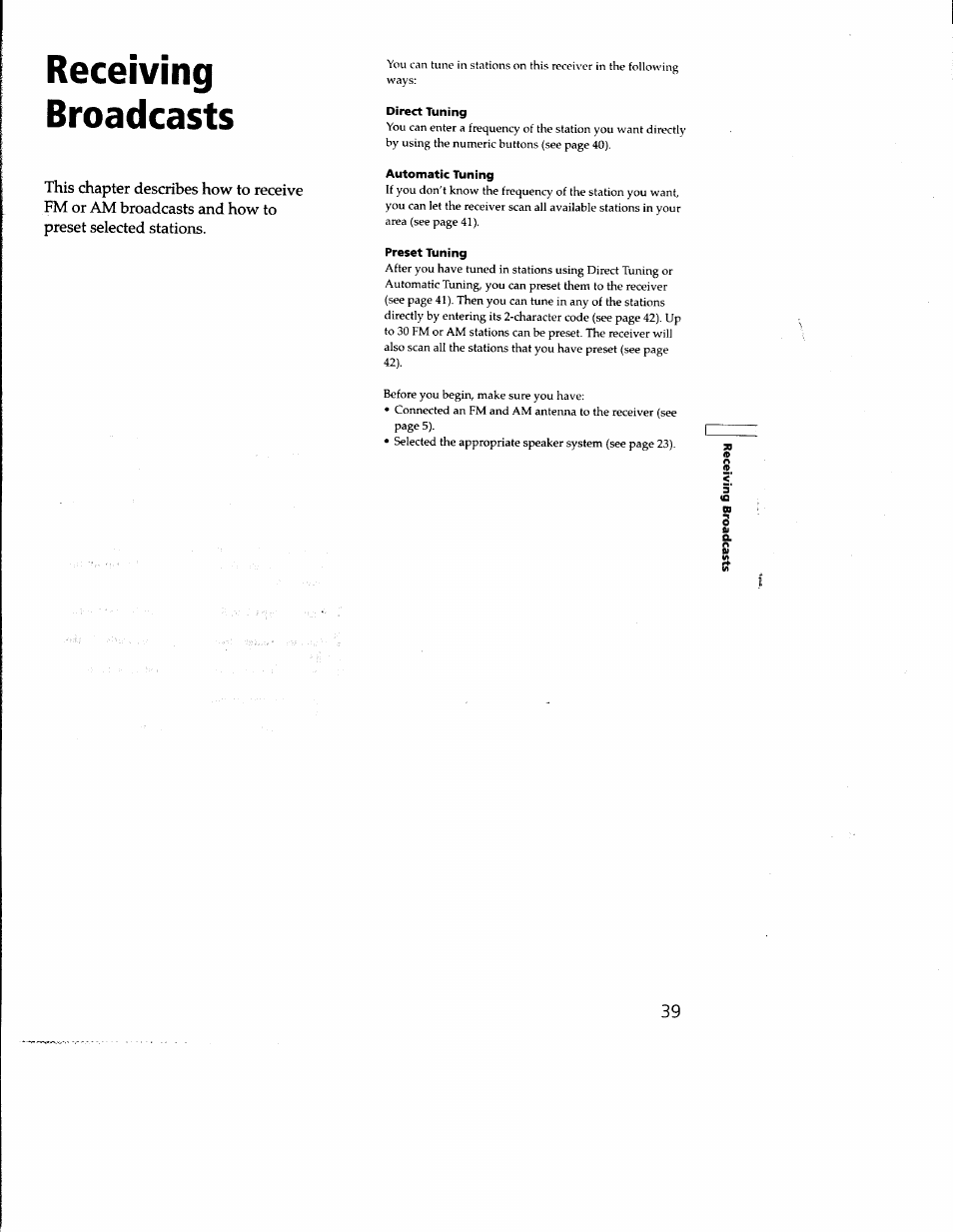 Receiving, Broadcasts, Direct tuning | Automatic tuning, Preset tuning, Receiving broadcasts | Sony STR-DE635 User Manual | Page 39 / 52