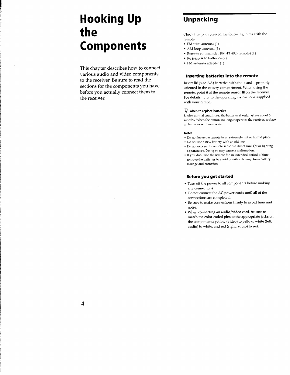 Unpacking, Inserting batteries into the remote, Before you get started | Hooking up the components | Sony STR-DE635 User Manual | Page 4 / 52