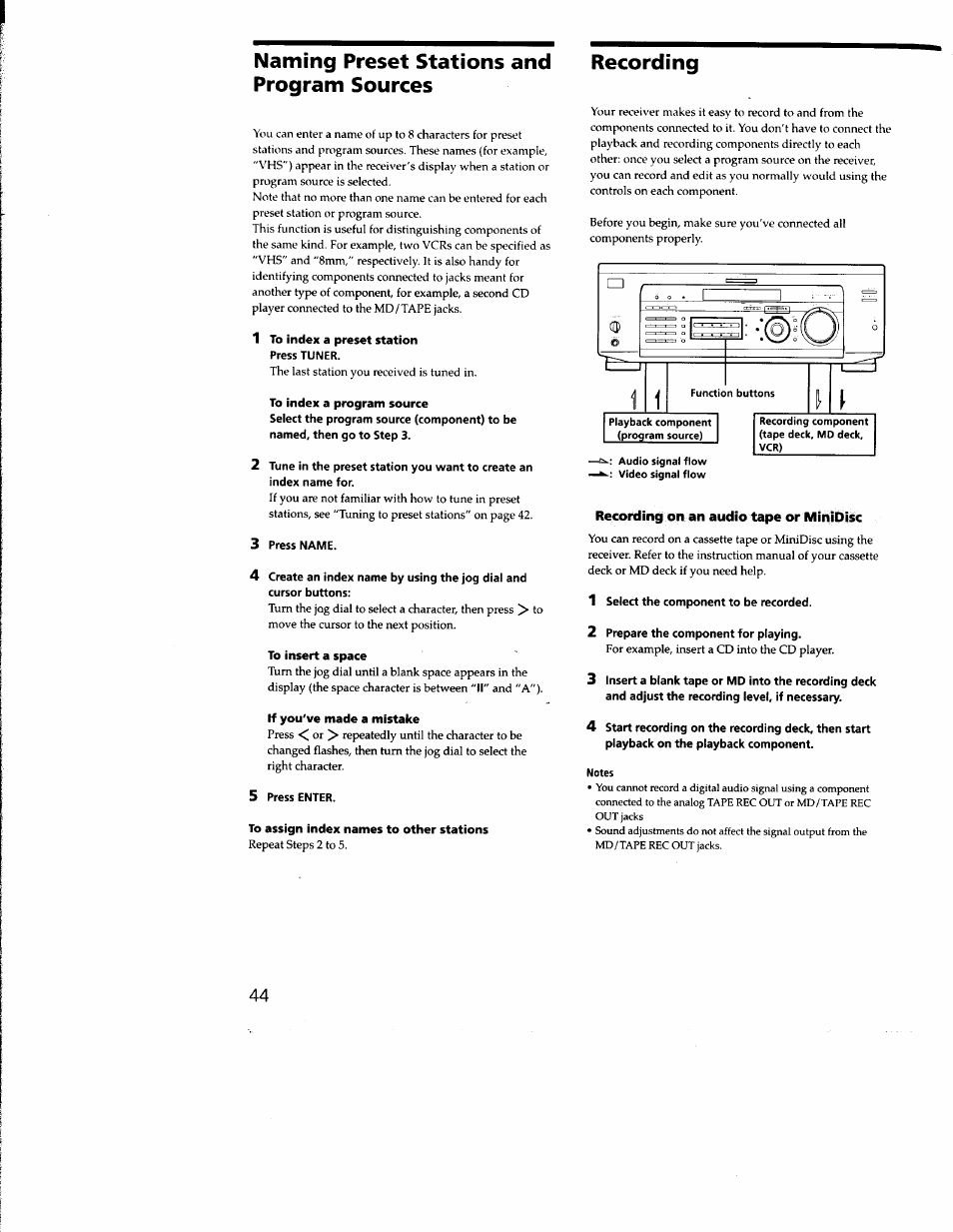 Naming preset stations and program sources, 1 to index a preset station, Press tuner | To index a program source, Select the program source (component) to be, Named, then go to step 3, 3 press name, To insert a space, If you've made a mistake, 5 press enter | Sony STR-DE635 User Manual | Page 44 / 52