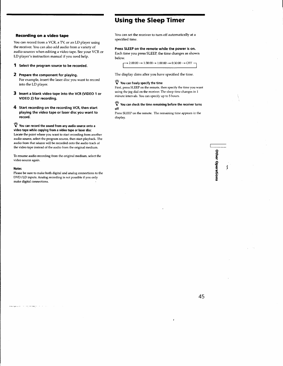 Using the sleep tinner, Recording on a video tape, 1 select the program source to be recorded | 2 prepare the component for playing, Press sleep on the remote while the power is on | Sony STR-DE635 User Manual | Page 45 / 52