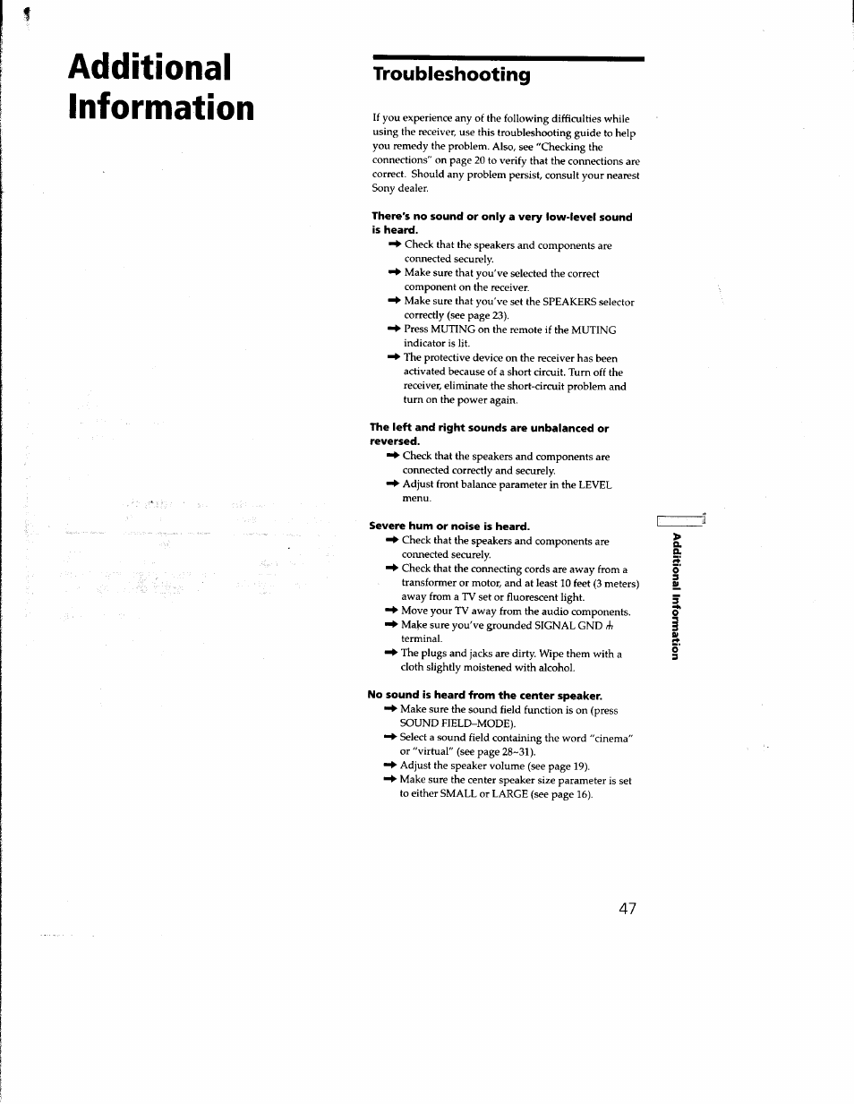 Troubleshooting, Severe hum or noise is heard, No sound is heard from the center speaker | Additional information | Sony STR-DE635 User Manual | Page 47 / 52