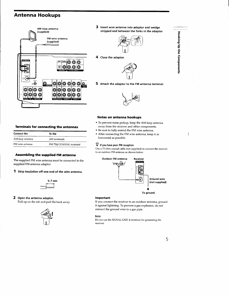 4 close the adaptor, 5 attach the adaptor to the fm antenna terminal, Assembling the supplied fm antenna | 2 open the antenna adaptor, Notes on antenna hookups, Antenna hookups | Sony STR-DE635 User Manual | Page 5 / 52