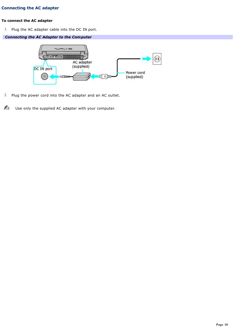 Connecting the ac adapter | Sony PCG-K15 User Manual | Page 10 / 145