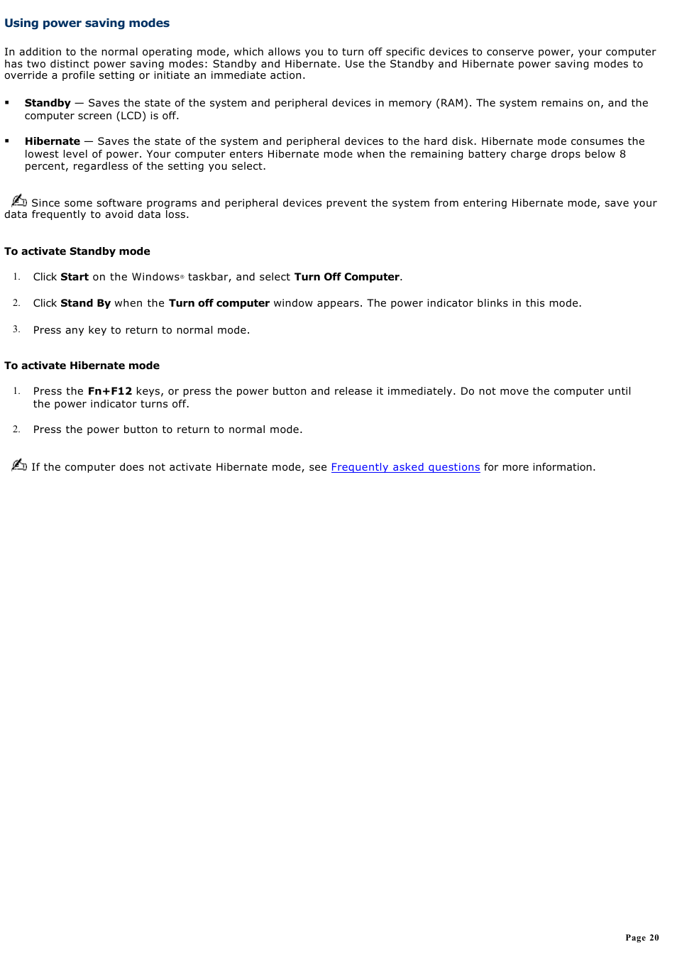 Using power saving modes | Sony PCG-K15 User Manual | Page 20 / 145