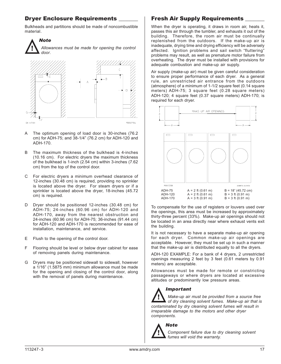 Fresh air supply requirements, Dryer enclosure requirements | American Dryer Corp. ADH-170 User Manual | Page 17 / 36