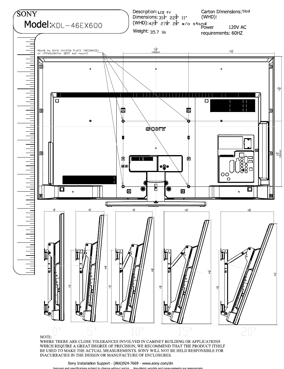 Model :kdl-46ex600, Whd):423' 274' 2i* w/o stand, Model | Sony KDL-46EX600 User Manual | Page 2 / 3