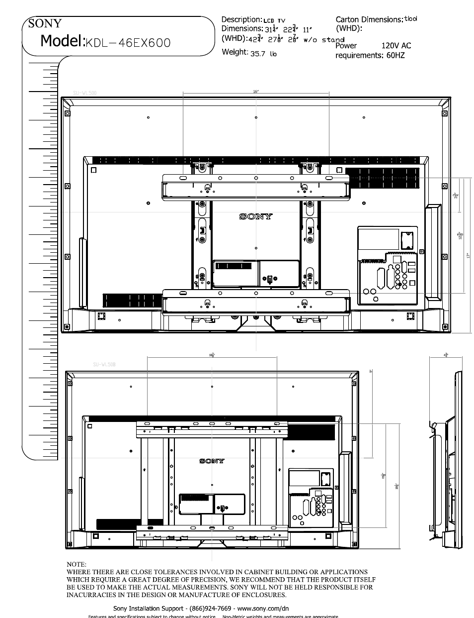 Model | Sony KDL-46EX600 User Manual | Page 3 / 3