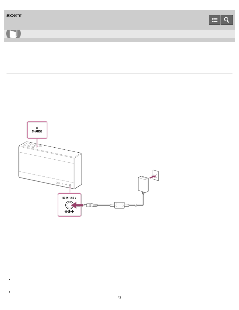 Connecting to an ac outlet, Help guide | Sony SRS-X5 User Manual | Page 42 / 101