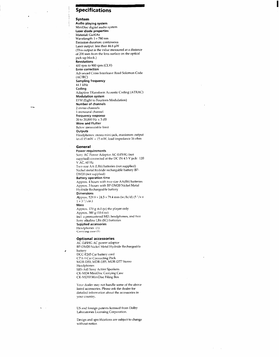 System, General, Optional accessories | Specifications | Sony MZ-E40 User Manual | Page 11 / 11