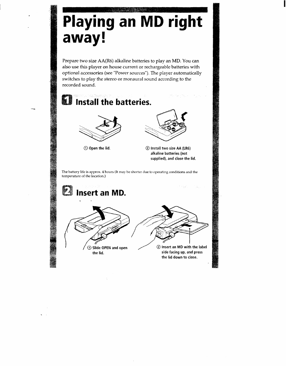 Playing an md right away, Install the batteries | Sony MZ-E40 User Manual | Page 3 / 11