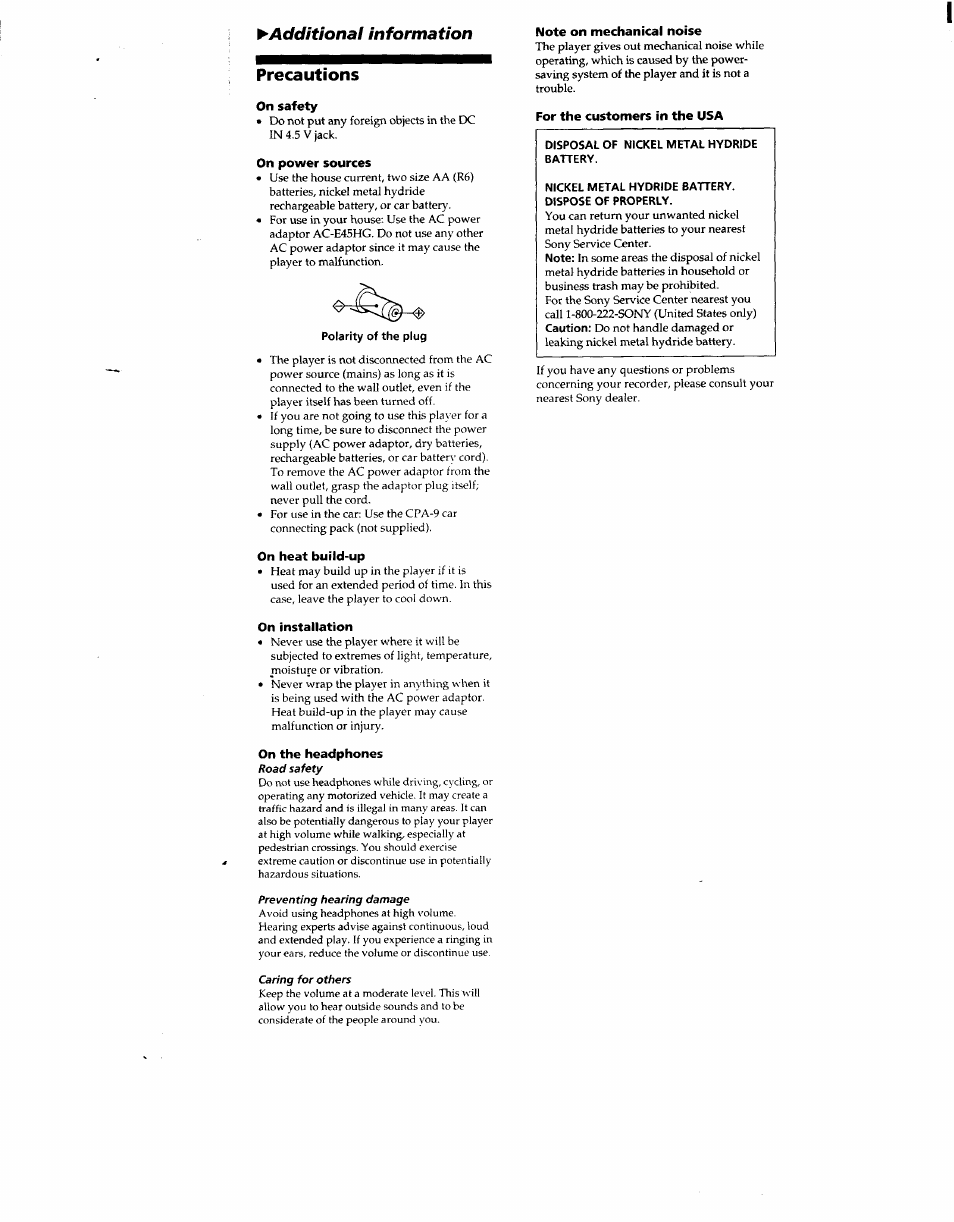 Precautions, On safety, On power sources | On heat build-up, On installation, On the headphones, Note on mechanical noise, For the customers in the usa, Additional information | Sony MZ-E40 User Manual | Page 9 / 11