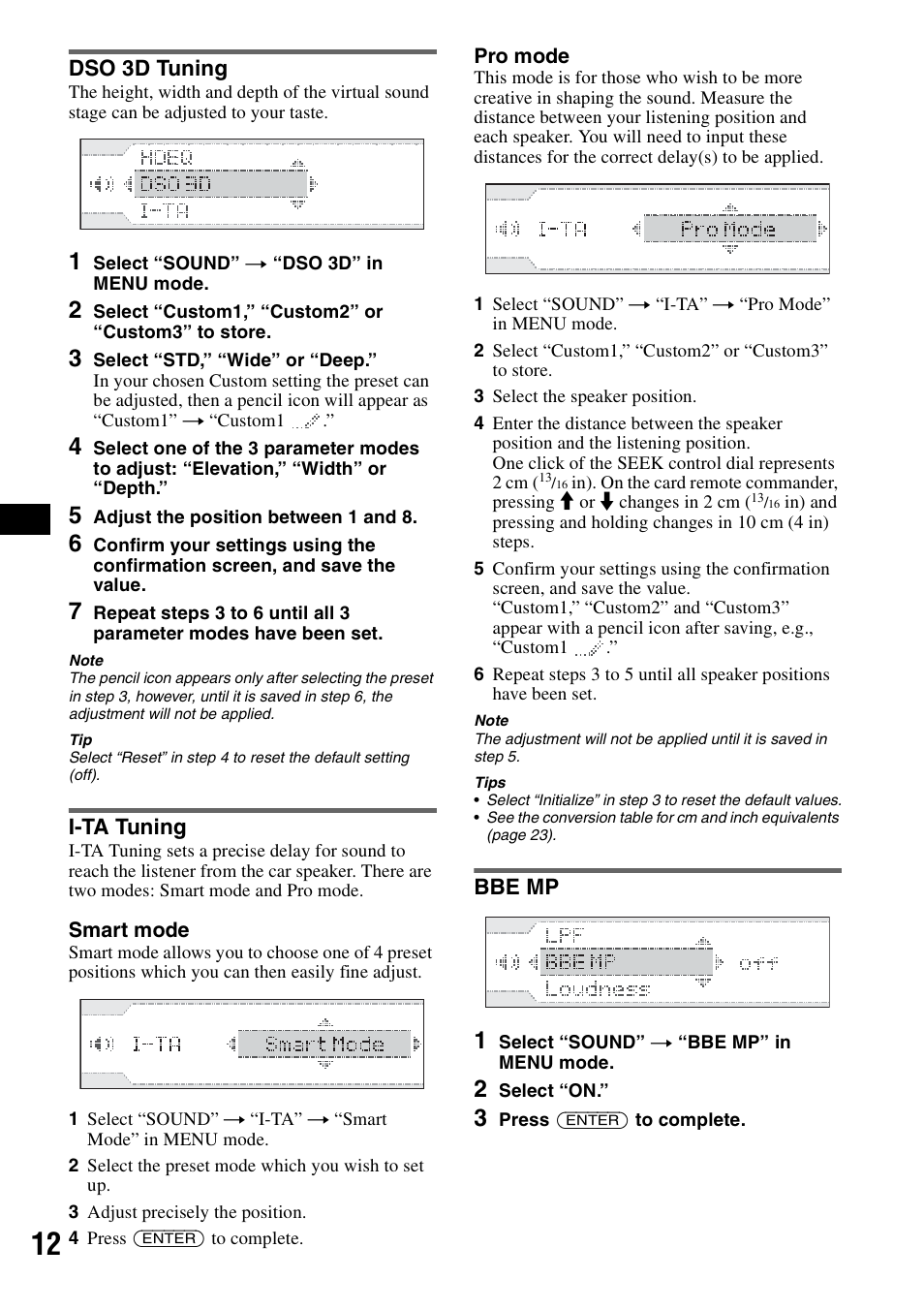 Dso 3d tuning, I-ta tuning, Bbe mp | Dso 3d tuning i-ta tuning bbe mp | Sony CDX-GT805DX User Manual | Page 12 / 72
