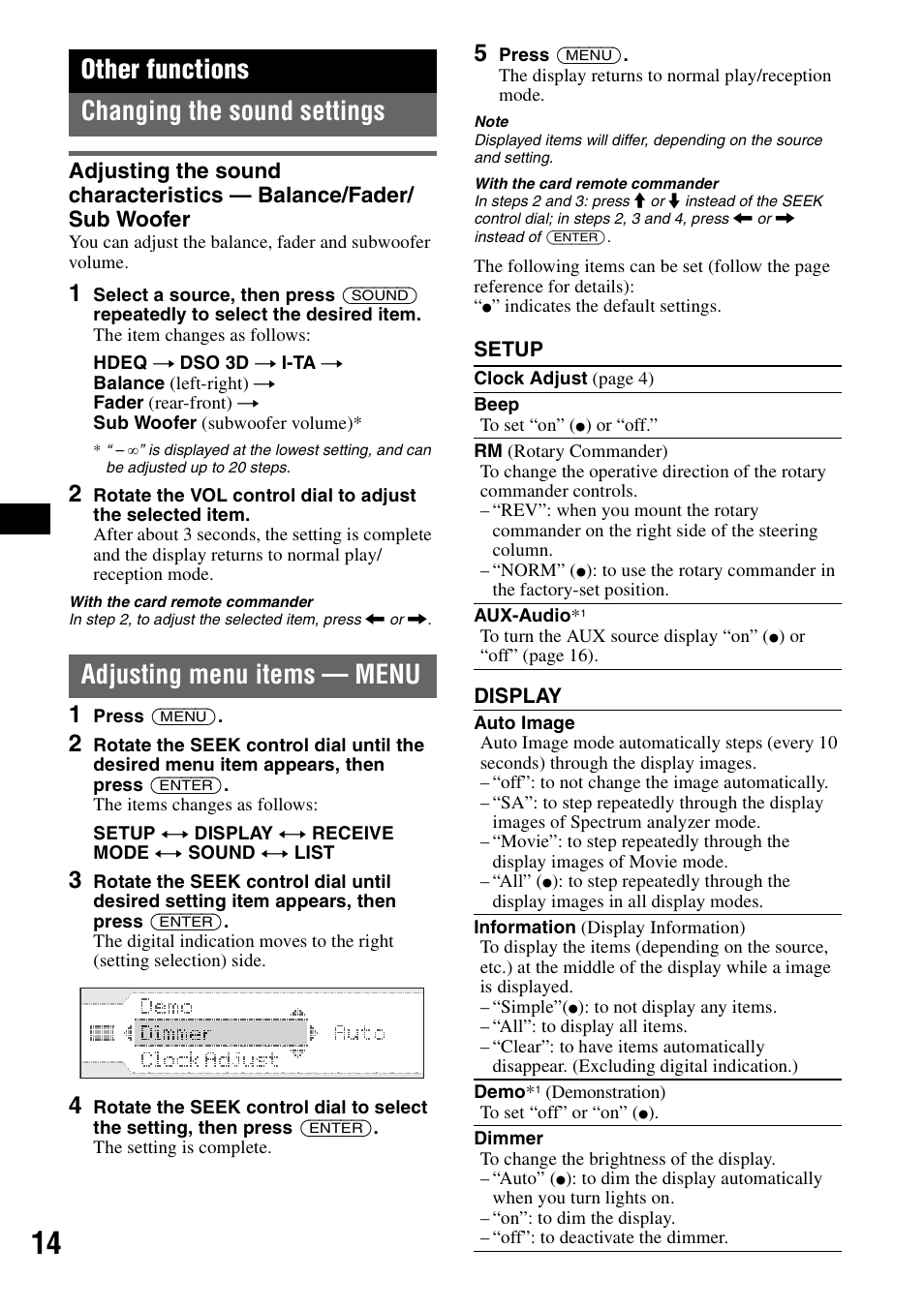 Other functions, Changing the sound settings, Adjusting menu items - menu | Adjusting menu items — menu, Other functions changing the sound settings | Sony CDX-GT805DX User Manual | Page 14 / 72