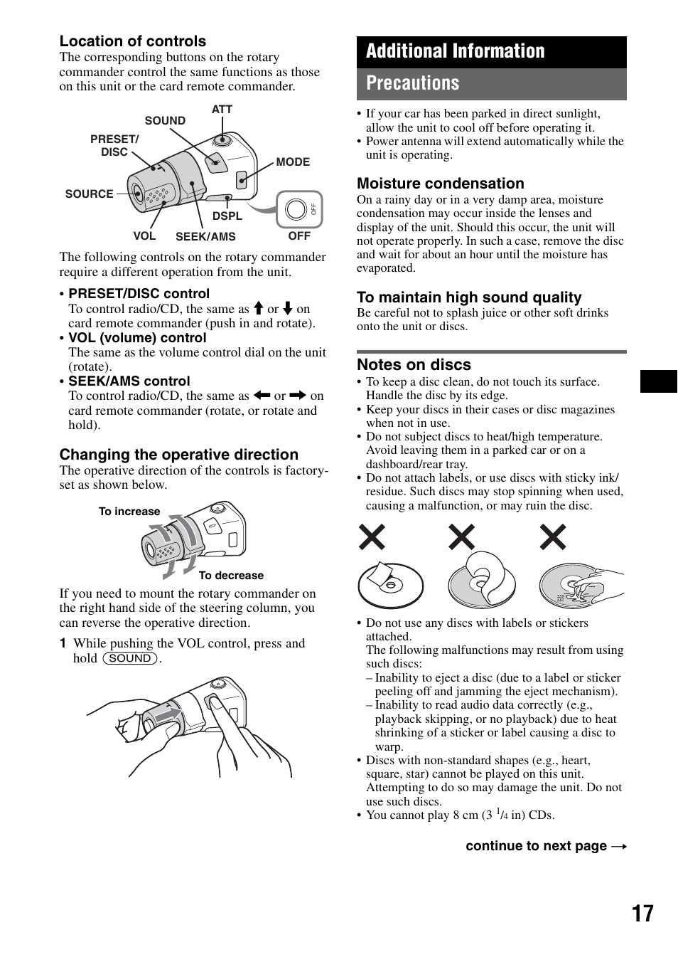 Additional information, Precautions, Notes on discs | Additional information precautions | Sony CDX-GT805DX User Manual | Page 17 / 72