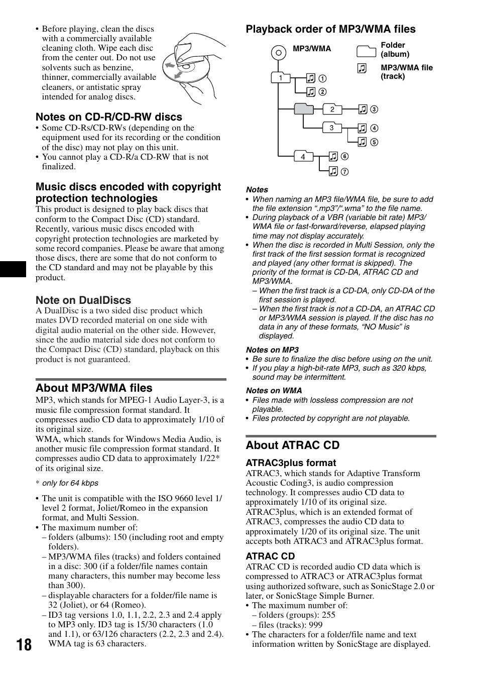 About mp3/wma files, About atrac cd, About mp3/wma files about atrac cd | Playback order of mp3/wma files | Sony CDX-GT805DX User Manual | Page 18 / 72