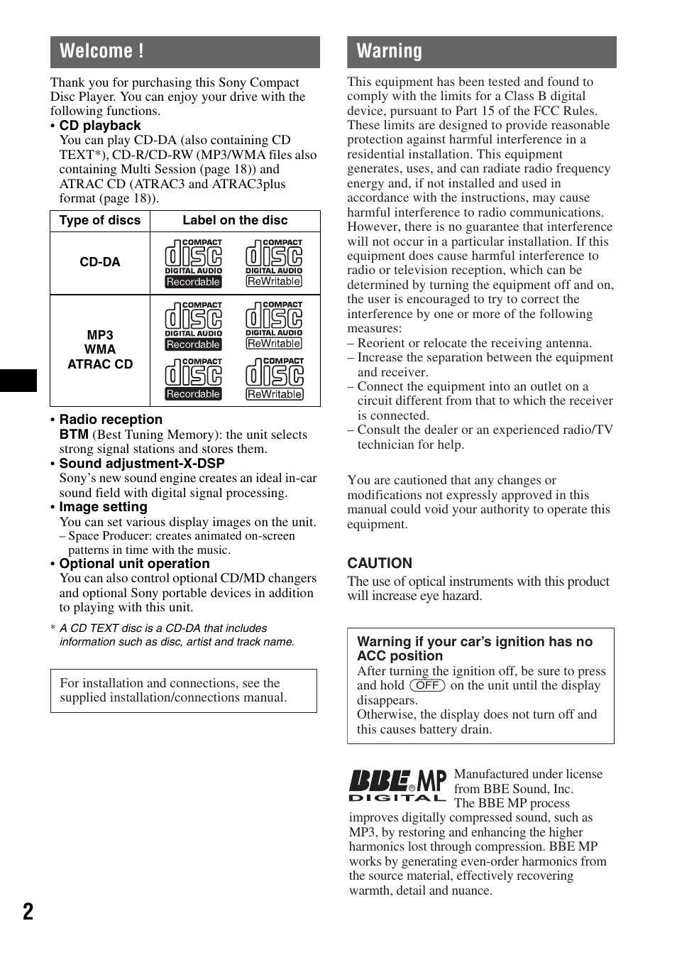 Welcome, Warning | Sony CDX-GT805DX User Manual | Page 2 / 72