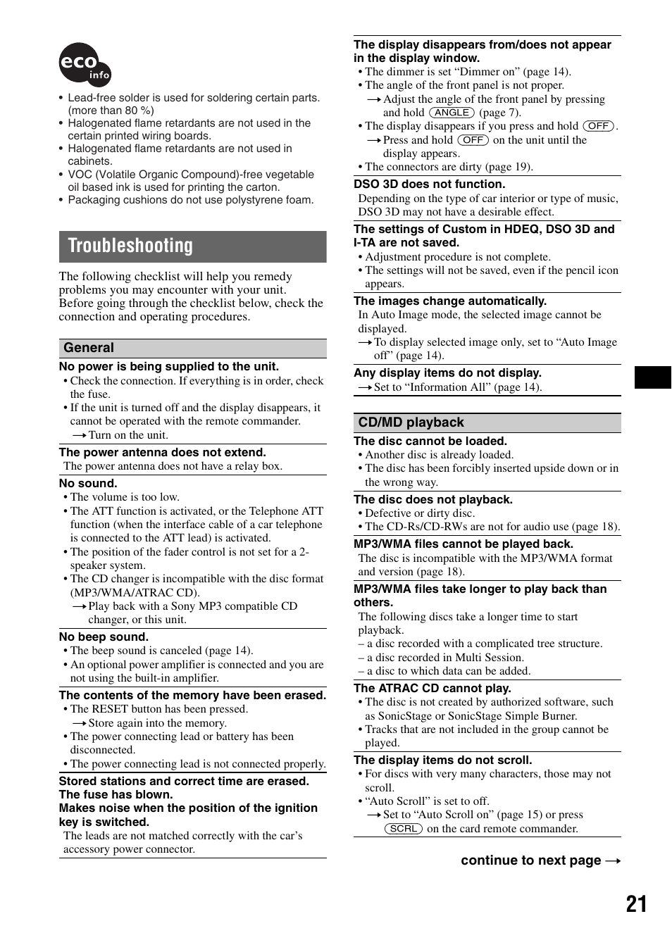 Troubleshooting | Sony CDX-GT805DX User Manual | Page 21 / 72