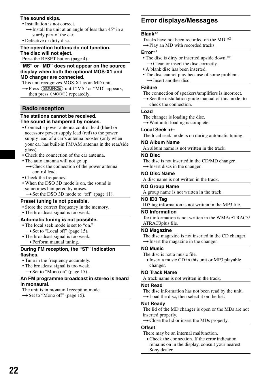 Error displays/messages | Sony CDX-GT805DX User Manual | Page 22 / 72