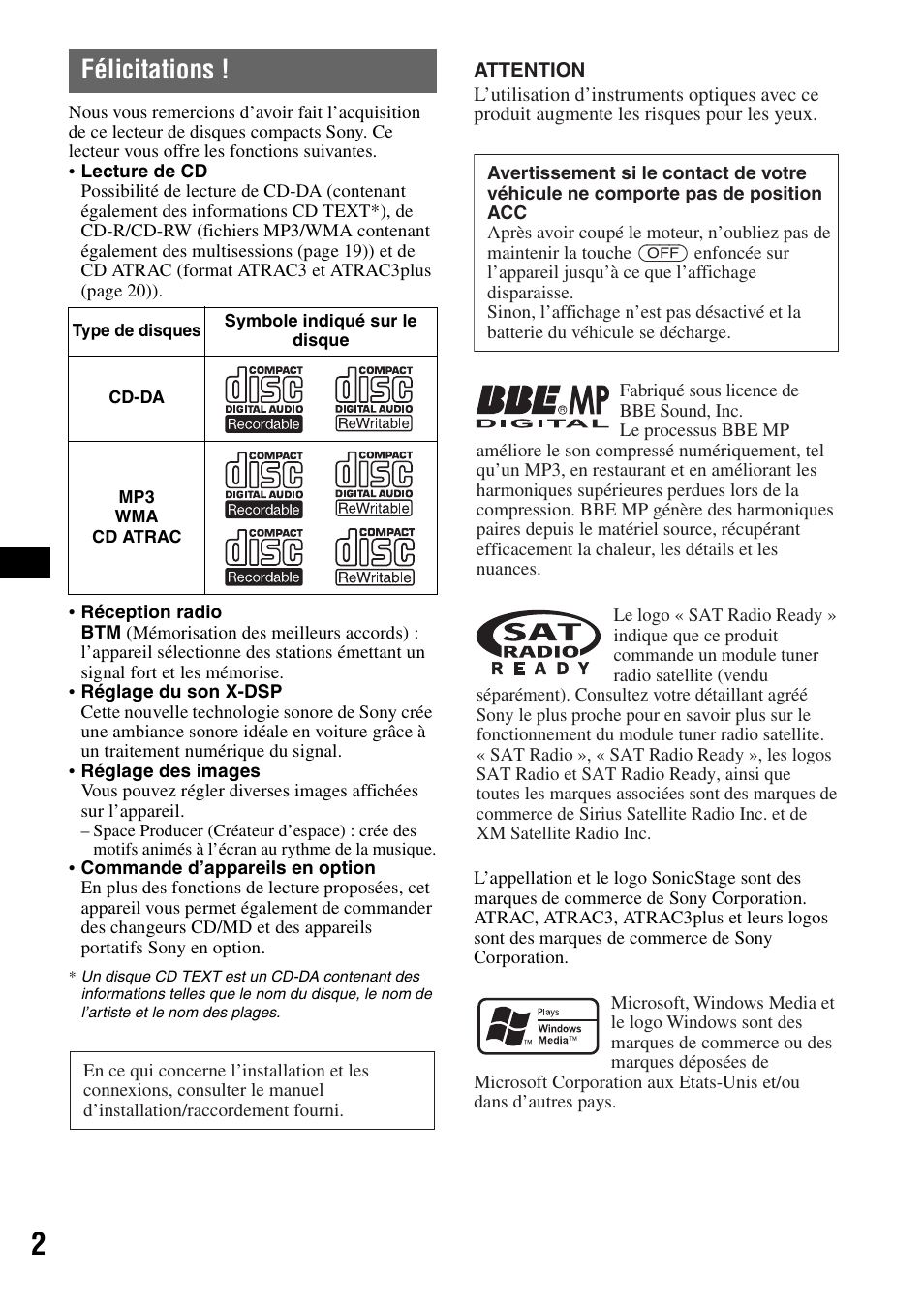 Félicitations | Sony CDX-GT805DX User Manual | Page 24 / 72