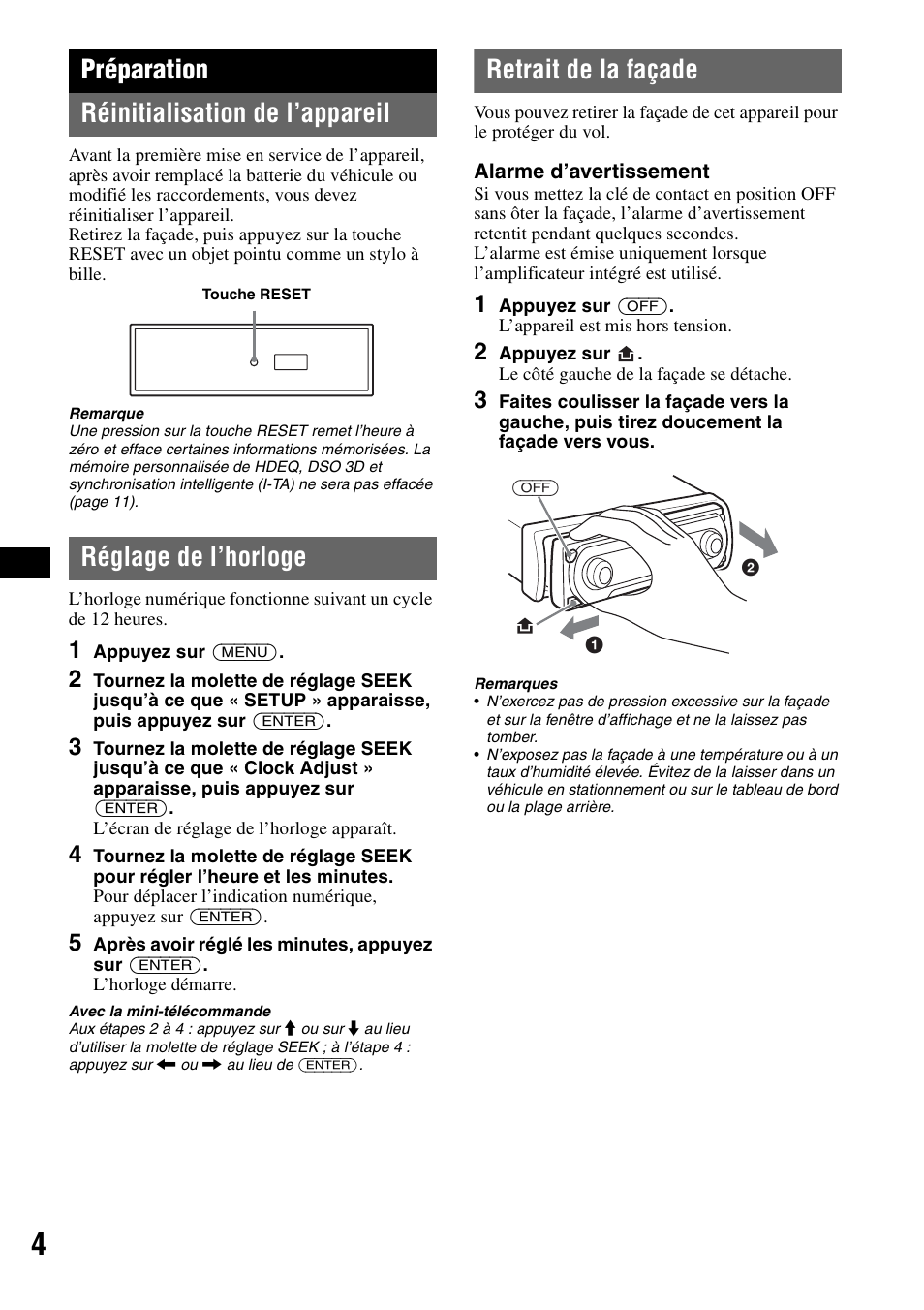 Préparation, Réinitialisation de l’appareil, Réglage de l’horloge | Retrait de la façade, Préparation réinitialisation de l’appareil | Sony CDX-GT805DX User Manual | Page 26 / 72