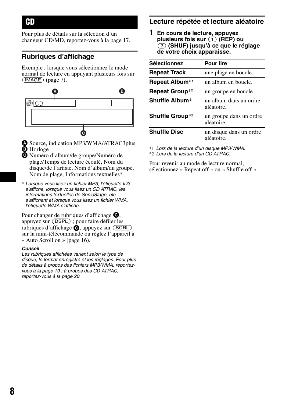 Rubriques d’affichage, Lecture répétée et lecture aléatoire | Sony CDX-GT805DX User Manual | Page 30 / 72
