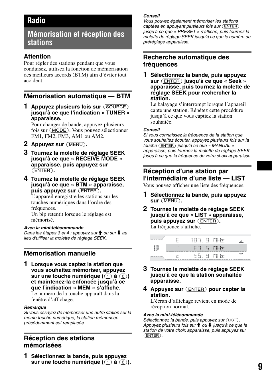 Radio, Mémorisation et réception des stations, Mémorisation automatique - btm | Mémorisation manuelle, Réception des stations mémorisées, Recherche automatique des fréquences, Radio mémorisation et réception des stations | Sony CDX-GT805DX User Manual | Page 31 / 72