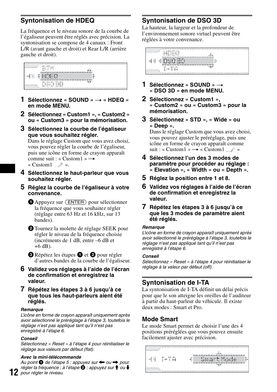 Syntonisation de hdeq, Syntonisation de dso 3d, Syntonisation de i-ta | E 12 | Sony CDX-GT805DX User Manual | Page 34 / 72